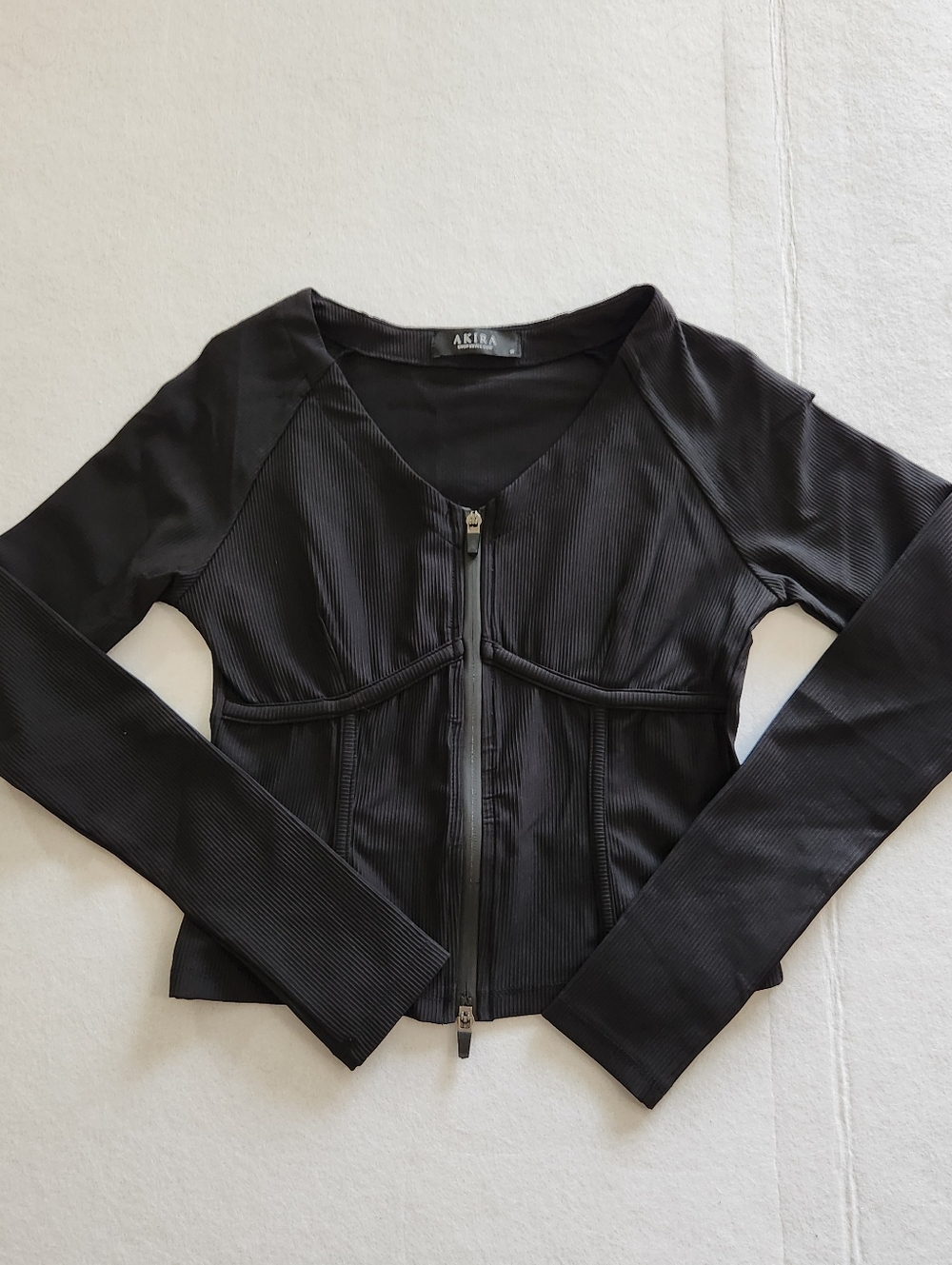 AKIRA Black Ribbed Front-Zip Fitted Long Sleeve Top Size Medium
